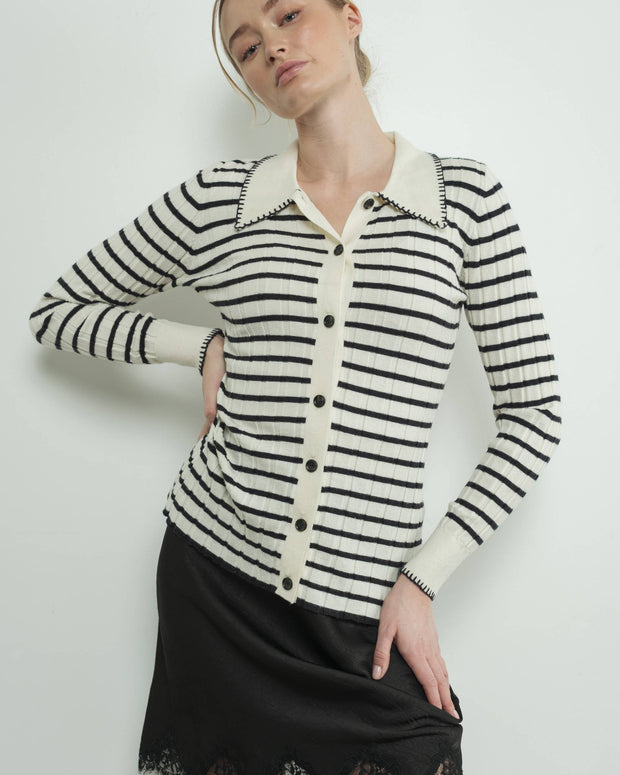 STRIPE COLLAR CARDIGAN WITH EDGE STITCH