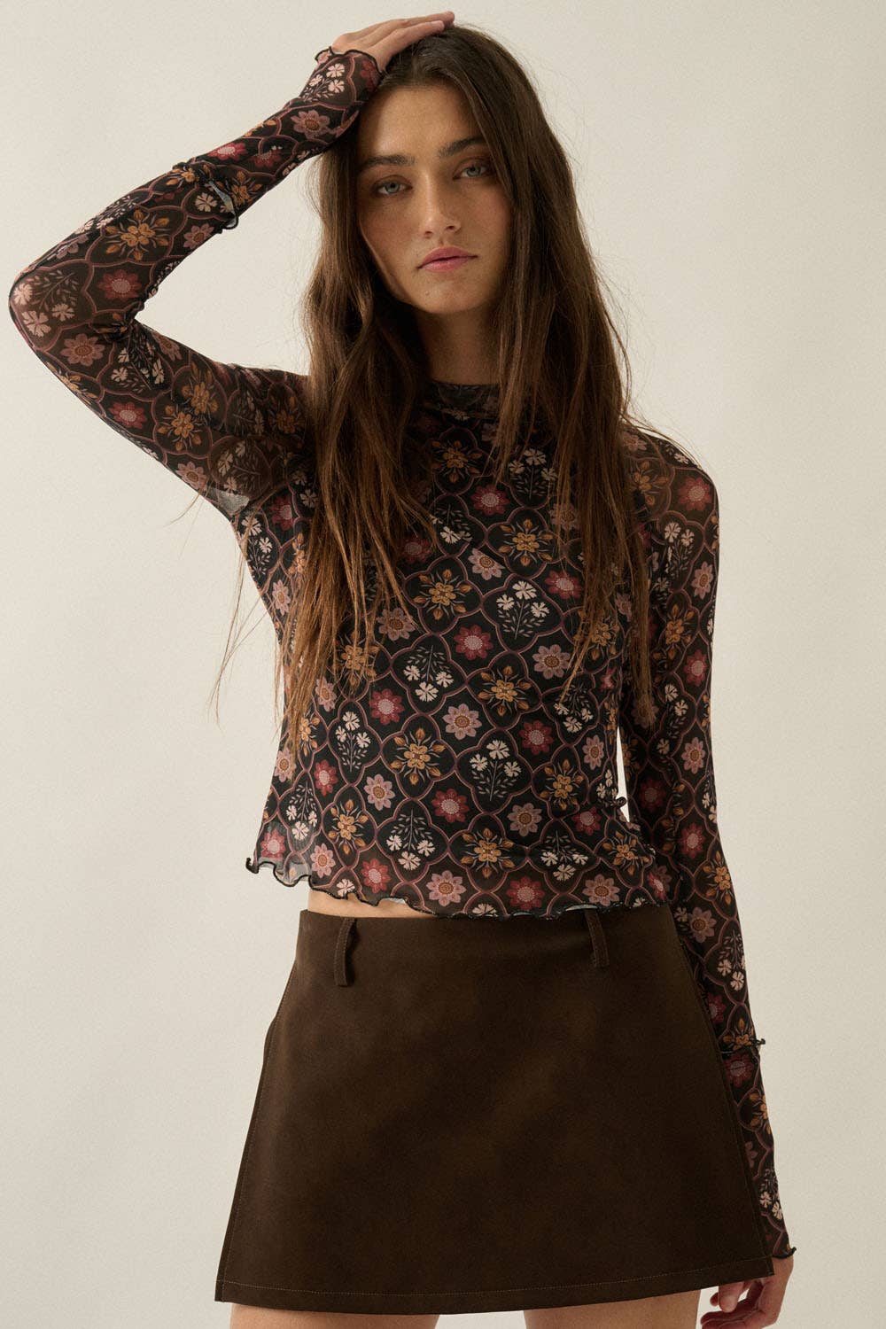 Floral Mesh Mock-Neck Raglan Thumbhole Fitted Top