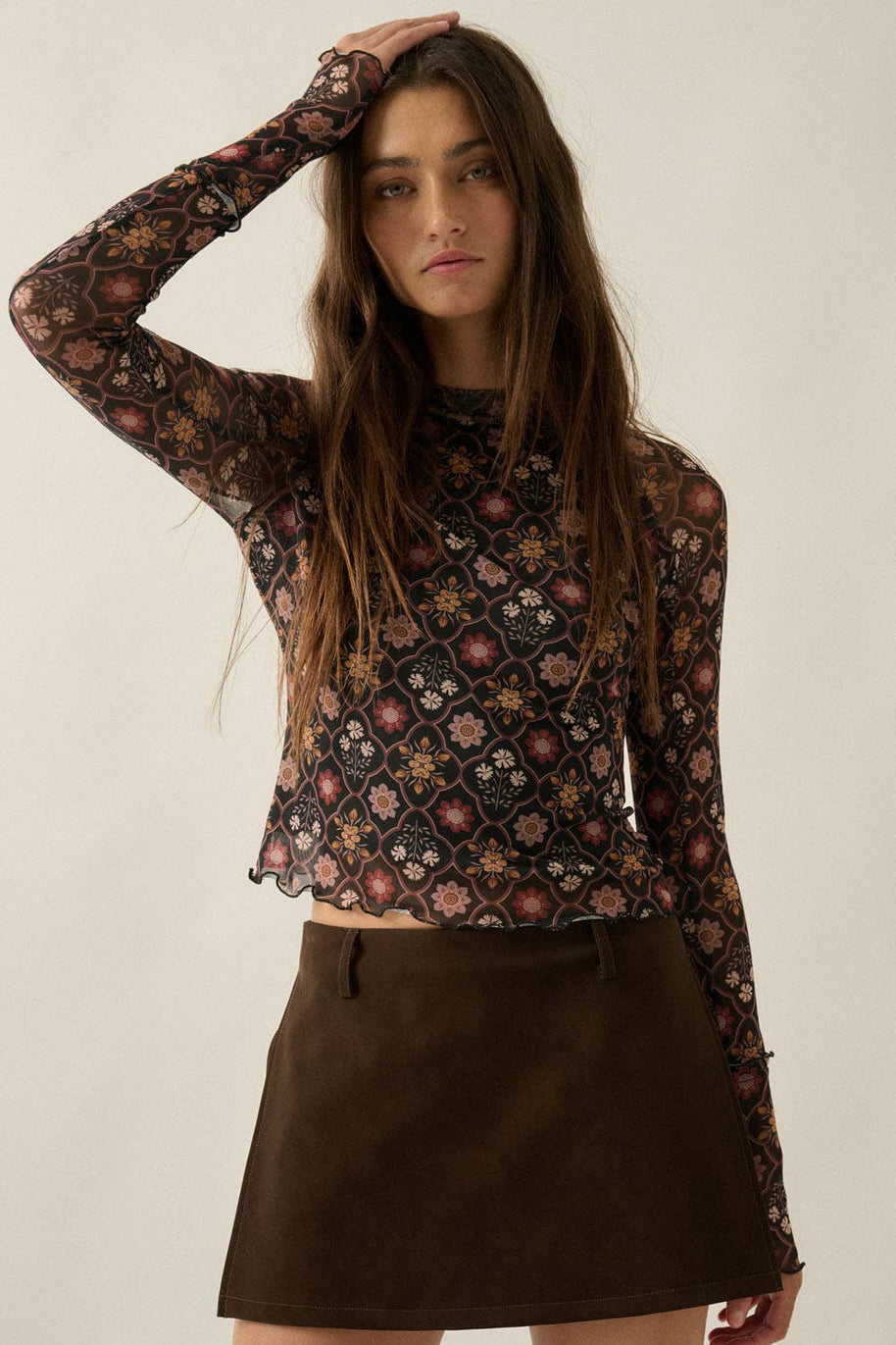 Floral Mesh Mock-Neck Raglan Thumbhole Fitted Top