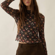 Floral Mesh Mock-Neck Raglan Thumbhole Fitted Top