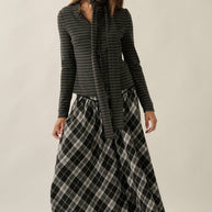 Plaid Drop-Waist Piping-Trimmed Maxi Skirt Grey