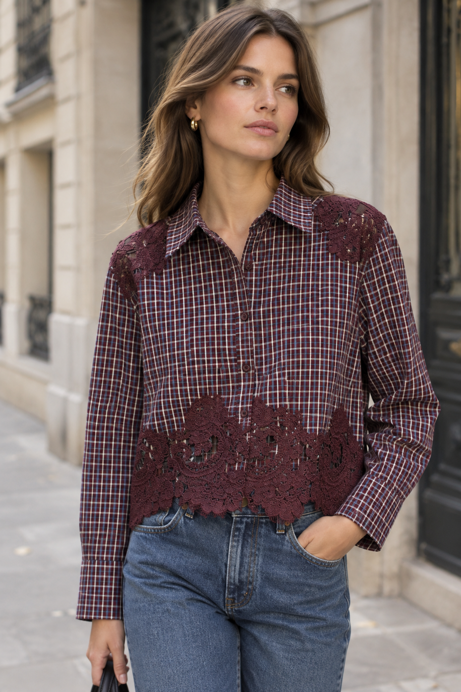 Cotton shirt with lace inserts