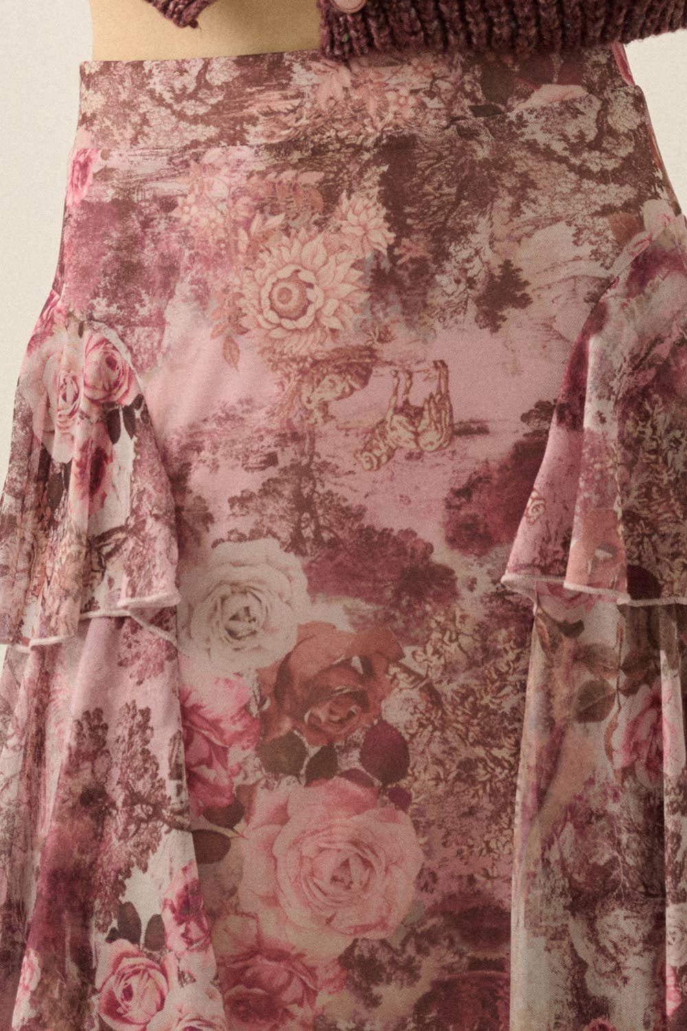Floral-Print Mesh High-Waist Tiered Side-Ruffle Maxi Skirt