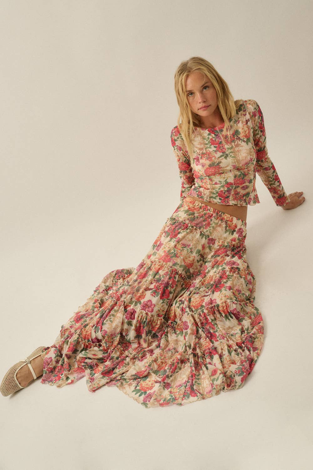 Floral-Print Mesh Tiered Ruffle Circle Maxi Skirt