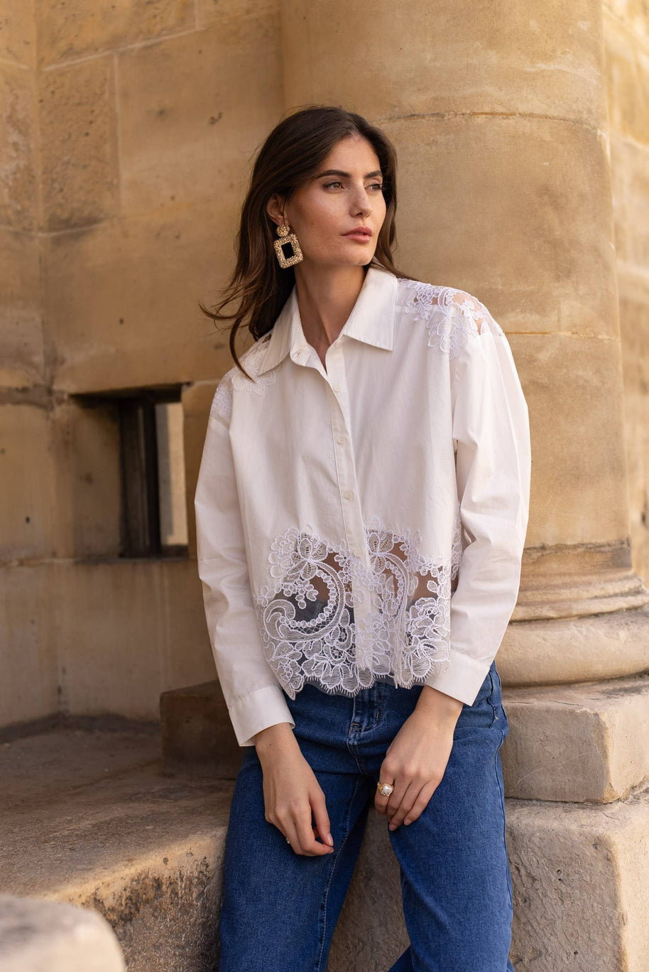 Cotton shirt with lace inserts