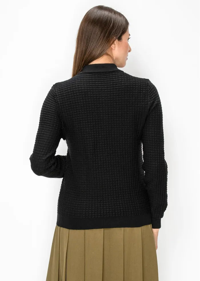 Textured waffle knit polo sweater