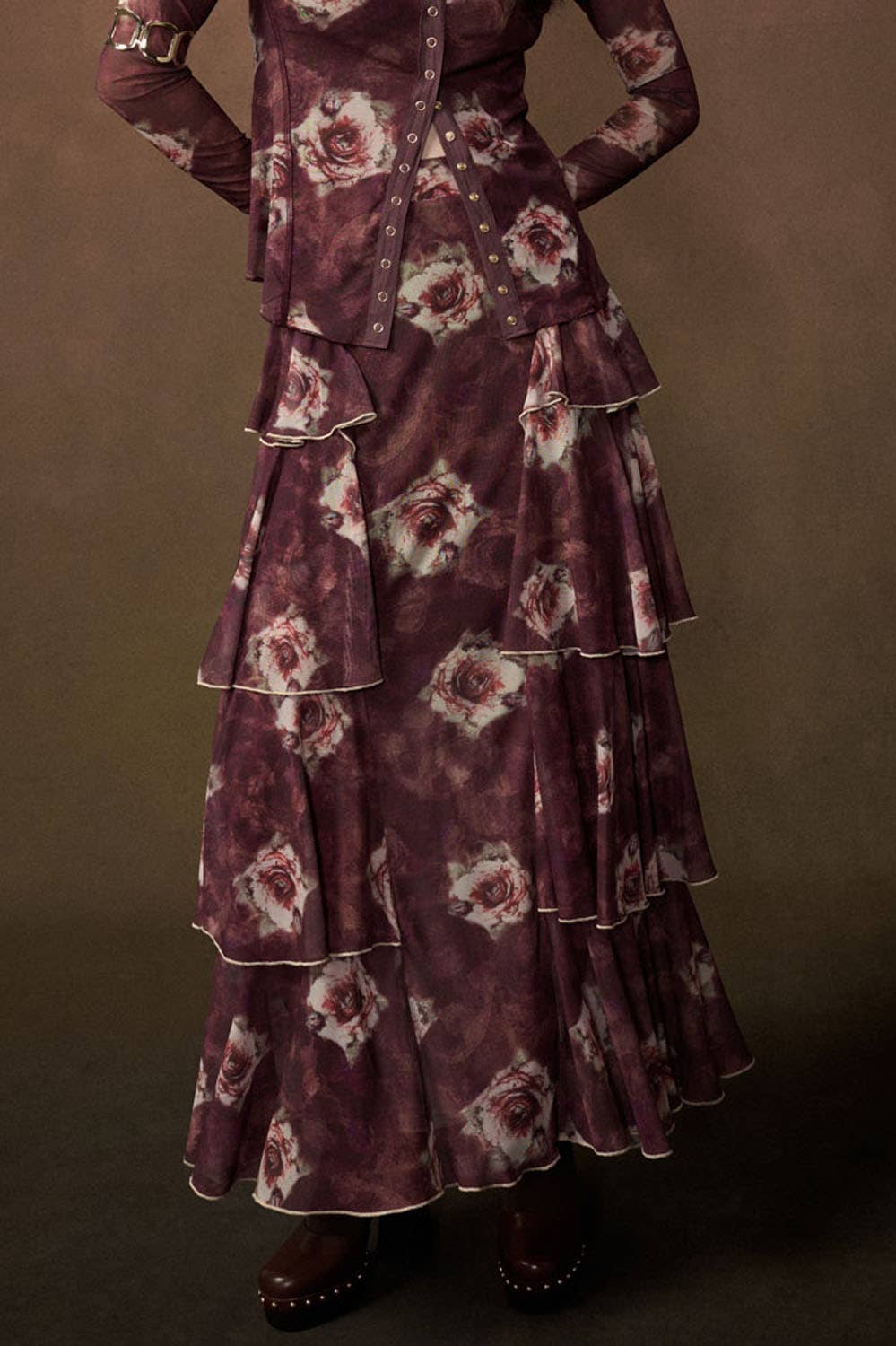 Floral-Print Mesh Side-Ruffle Tiered Maxi Skirt