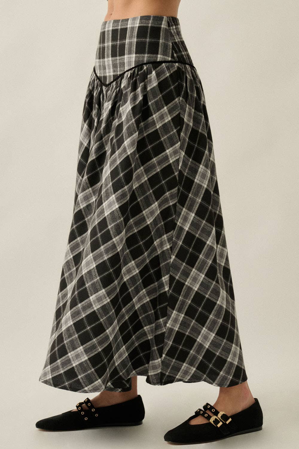 Plaid Drop-Waist Piping-Trimmed Maxi Skirt