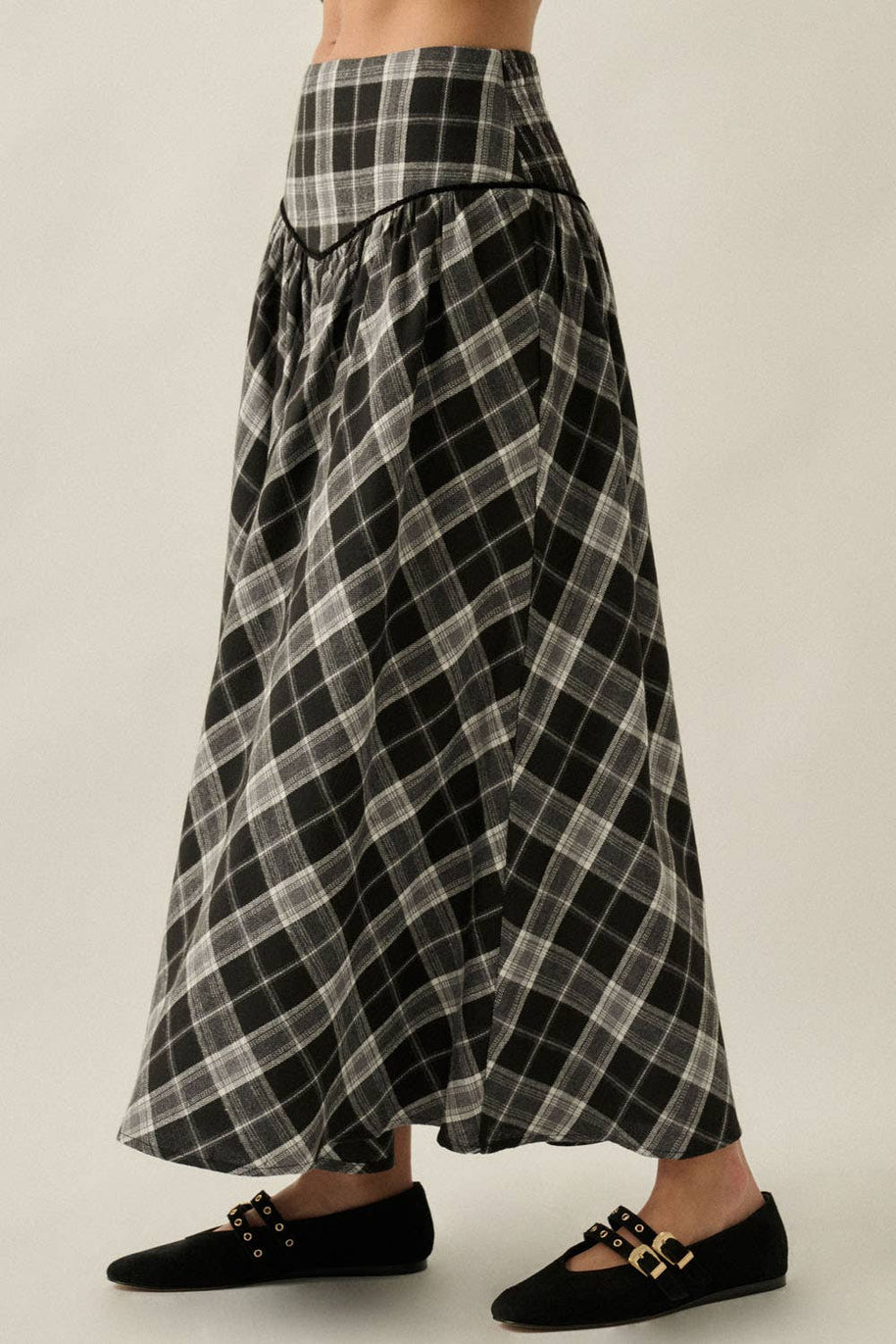 Plaid Drop-Waist Piping-Trimmed Maxi Skirt