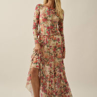 Floral-Print Mesh Tiered Ruffle Circle Maxi Skirt Cream-Pink