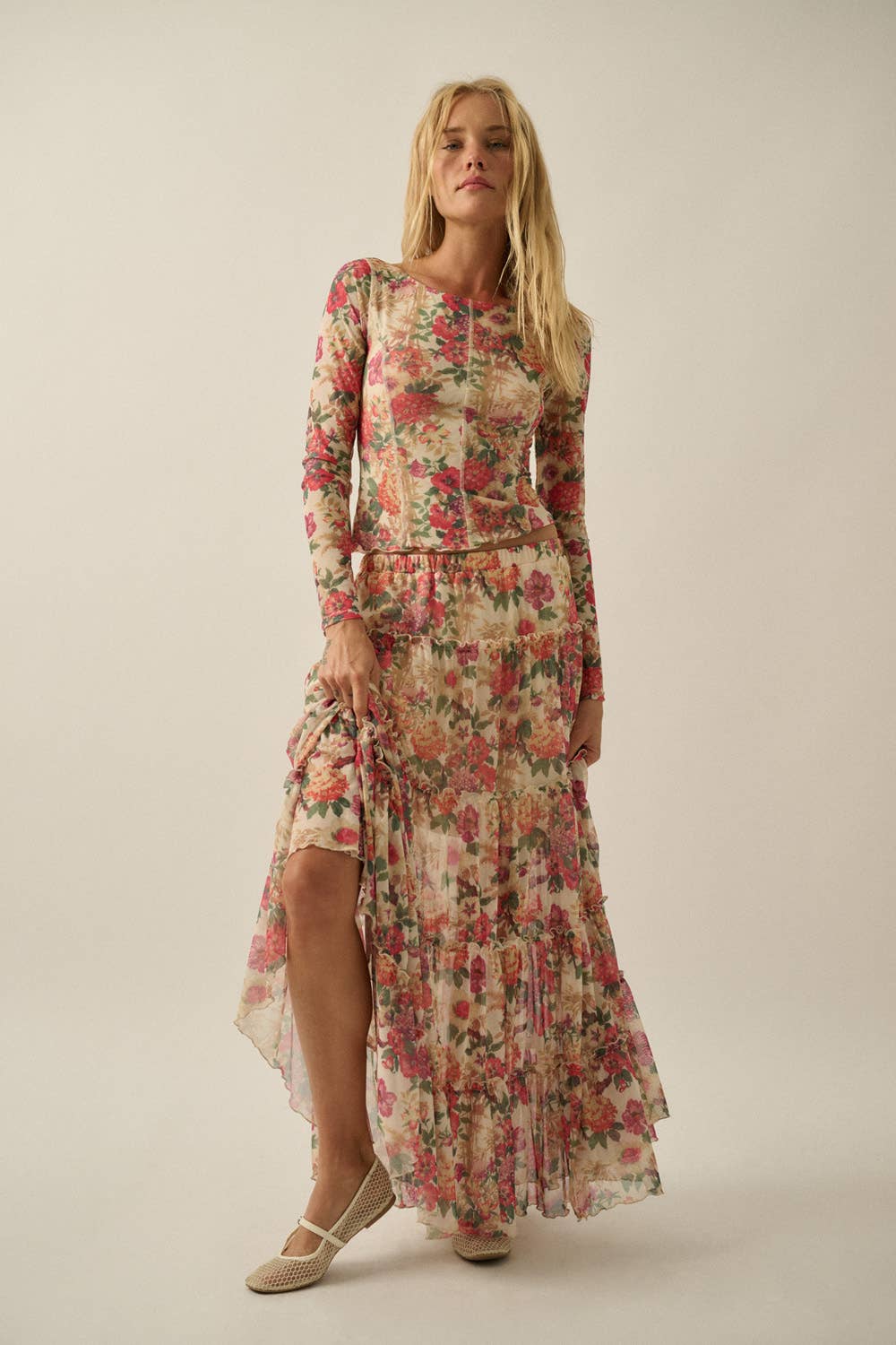 Floral-Print Mesh Tiered Ruffle Circle Maxi Skirt Cream-Pink