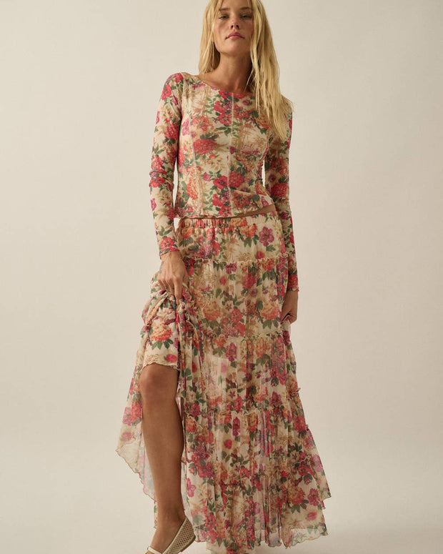 Floral-Print Mesh Tiered Ruffle Circle Maxi Skirt Cream-Pink