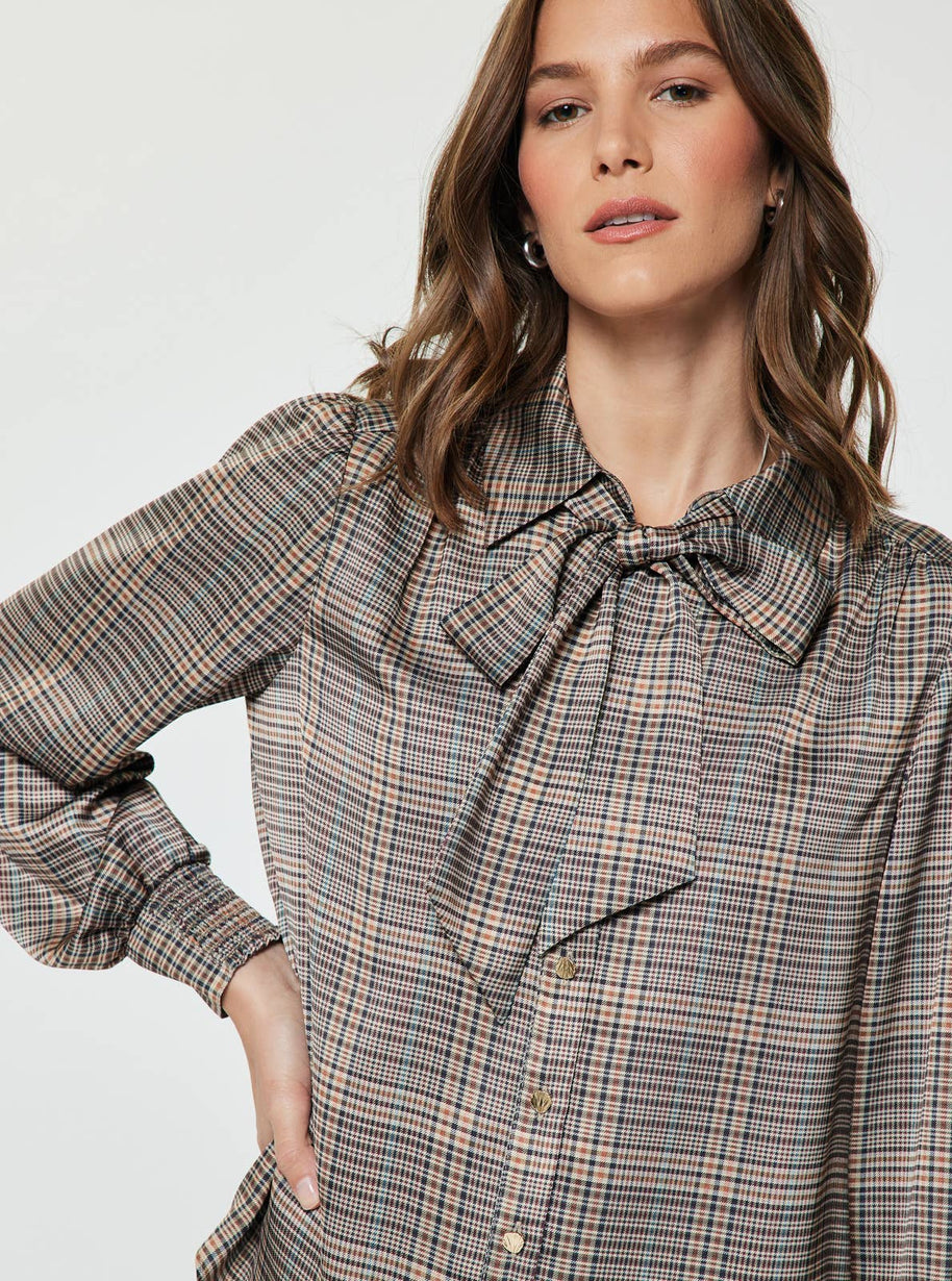 Plaid Button Down Blouse W/ Tie