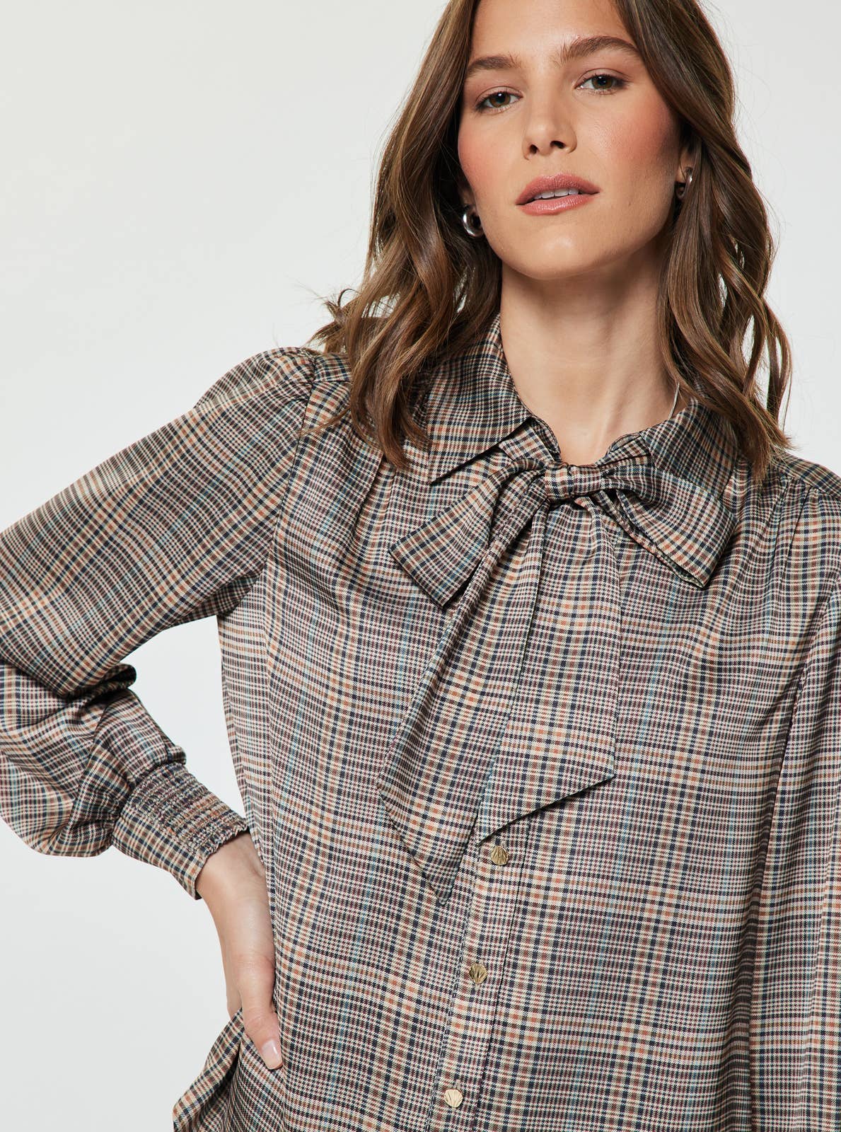 Plaid Button Down Blouse W/ Tie