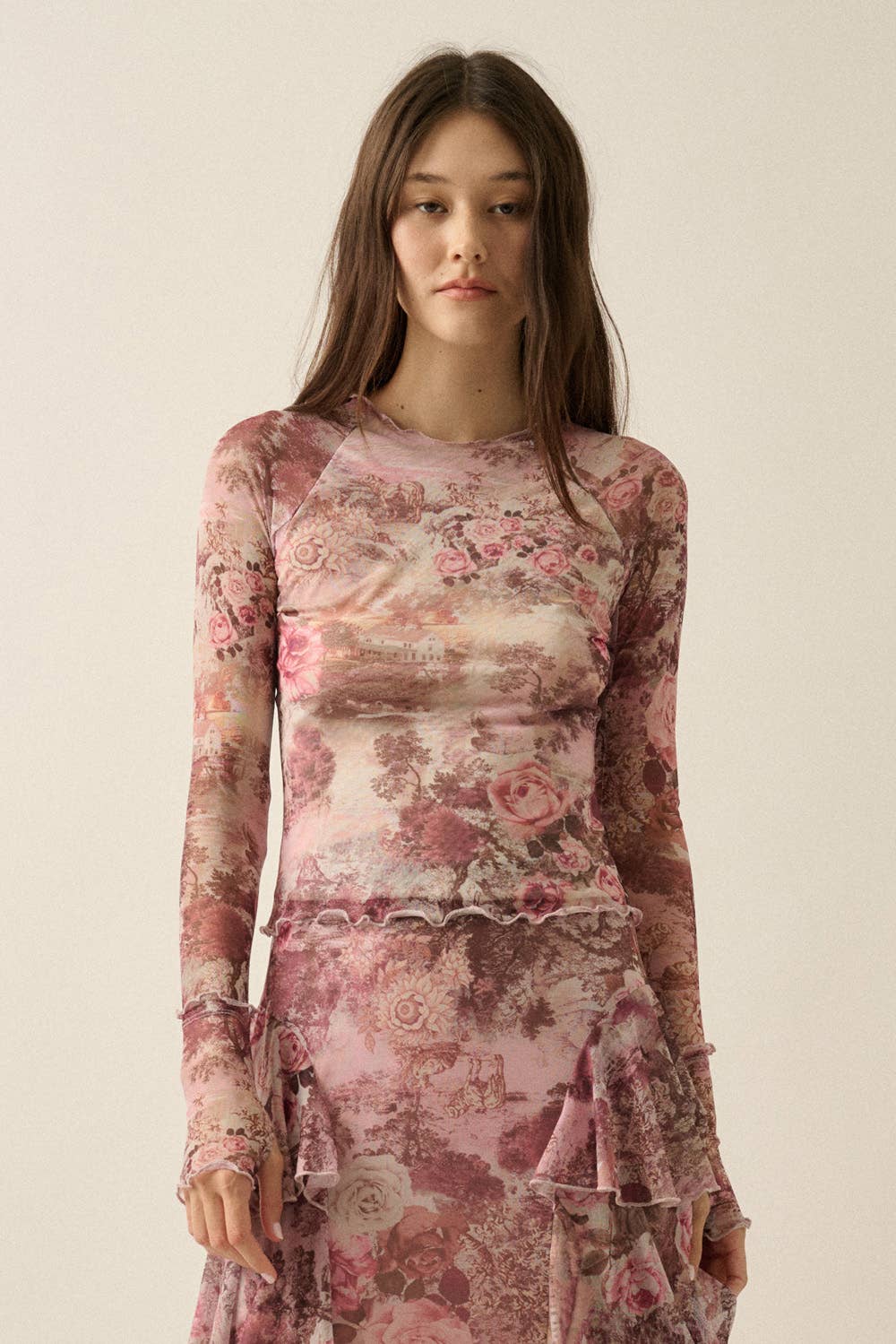 Floral-Print Mesh Round-Neck Long-Sleeve Thumbhole Top