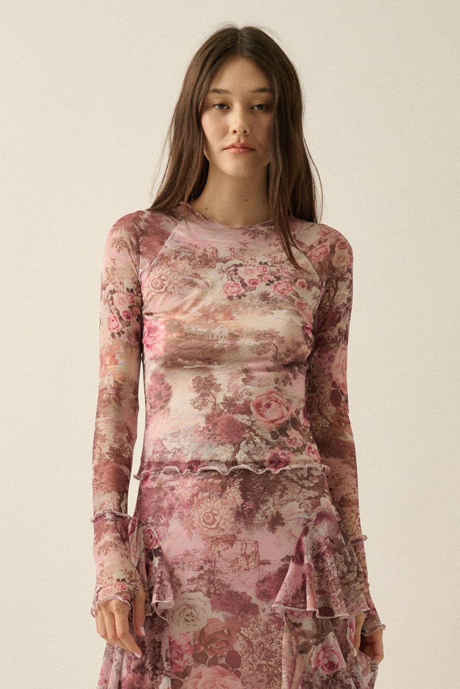 Floral-Print Mesh Round-Neck Long-Sleeve Thumbhole Top