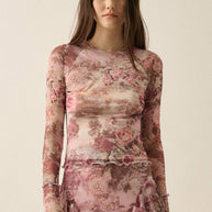 Floral-Print Mesh Round-Neck Long-Sleeve Thumbhole Top