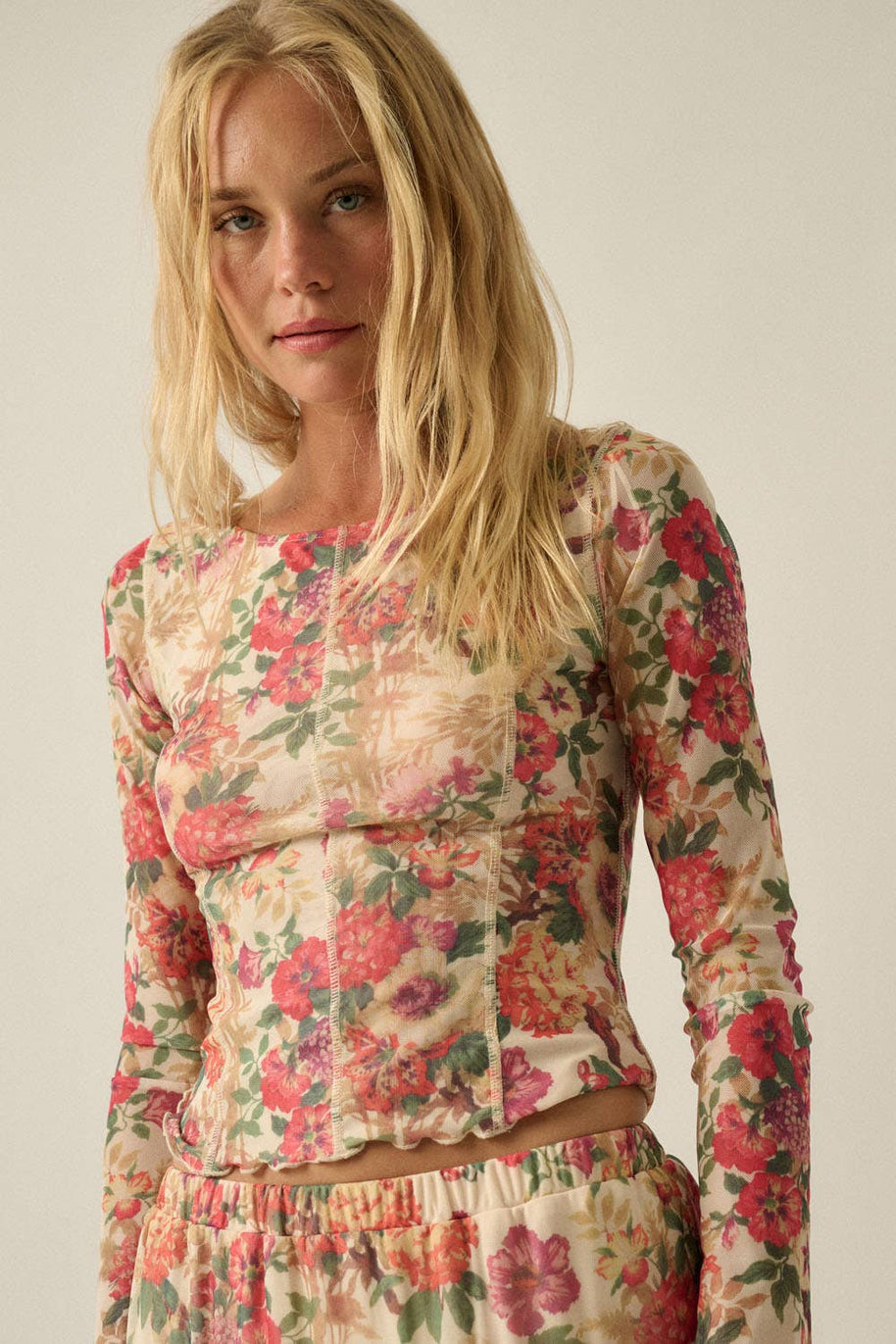 Floral-Print Mesh Princess-Seam Long-Sleeve Top