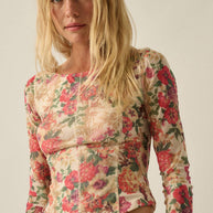 Floral-Print Mesh Princess-Seam Long-Sleeve Top
