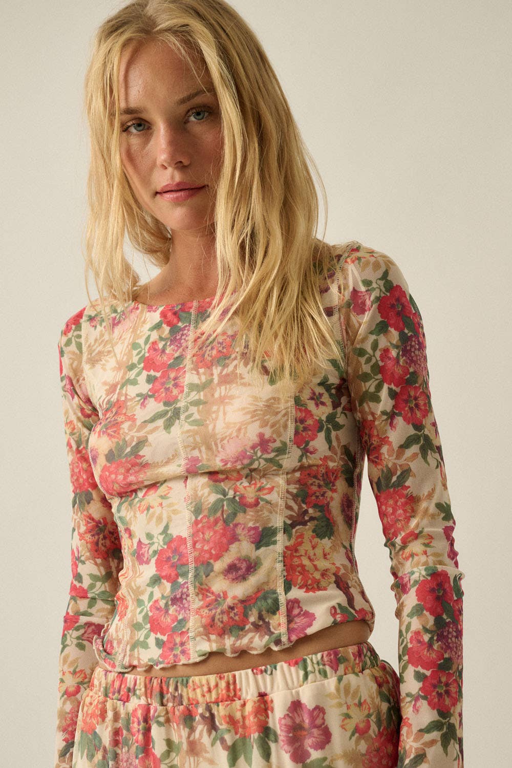 Floral-Print Mesh Princess-Seam Long-Sleeve Top