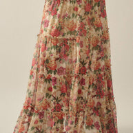 Floral-Print Mesh Tiered Ruffle Circle Maxi Skirt