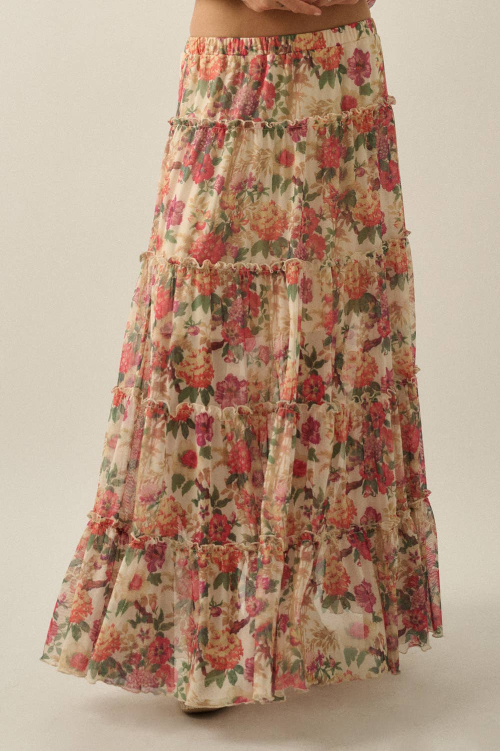 Floral-Print Mesh Tiered Ruffle Circle Maxi Skirt