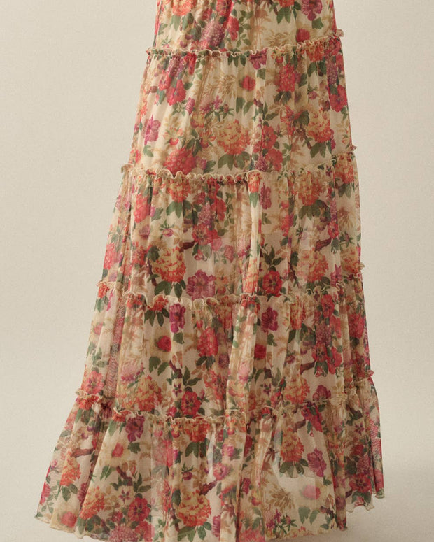 Floral-Print Mesh Tiered Ruffle Circle Maxi Skirt
