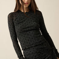 Flocked Polka Dot Burnout Mesh Raglan-Sleeve Thumbhole Top Grey