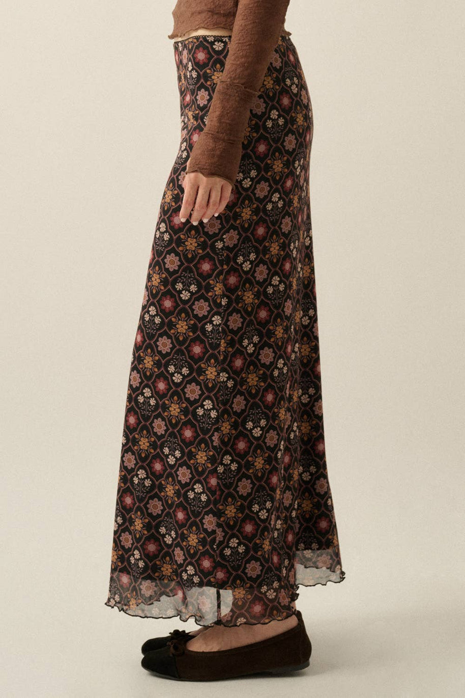 Floral-Print Mesh Elastic-Waist Straight Maxi Skirt
