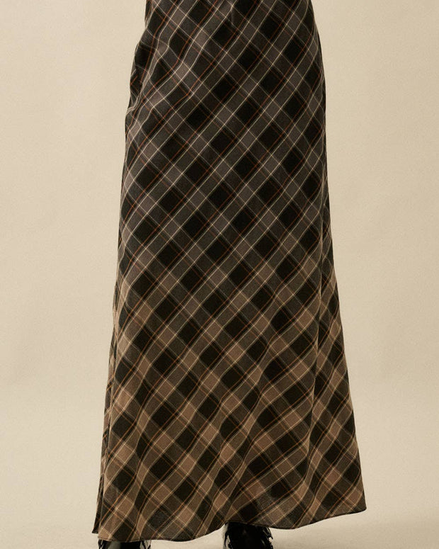 Ombre Dip-Dye Plaid Bias-Cut Maxi Skirt