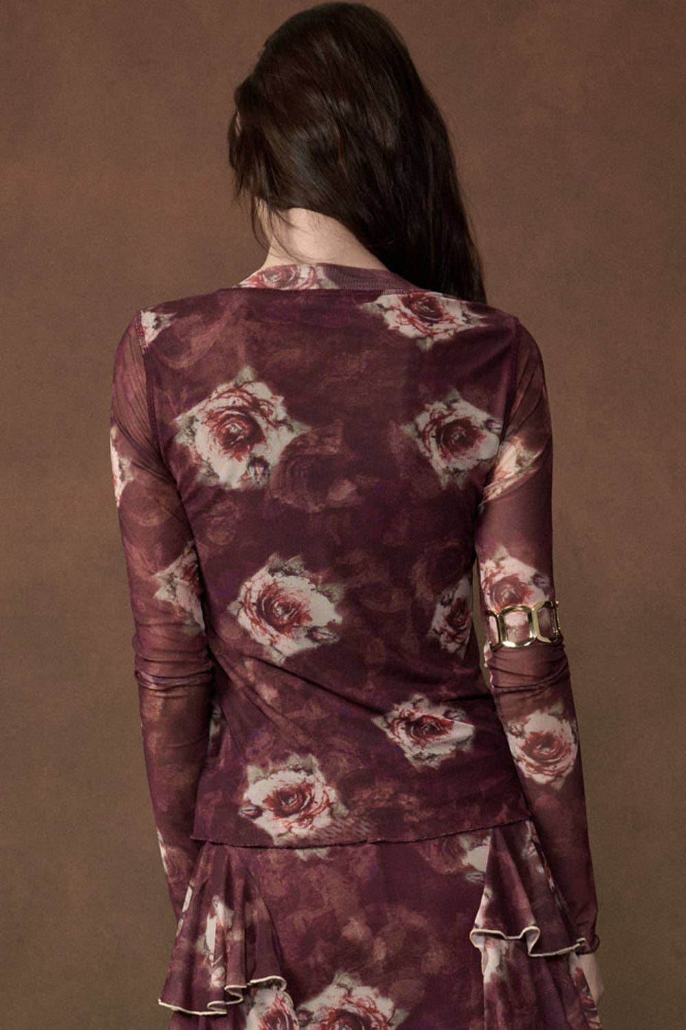 Floral-Print Long-Sleeve Snap-Front Mesh Top