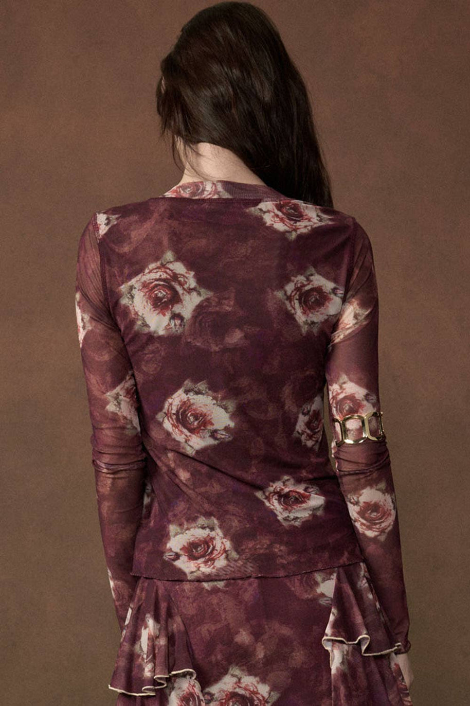 Floral-Print Long-Sleeve Snap-Front Mesh Top
