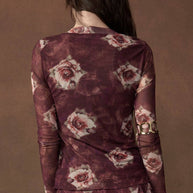 Floral-Print Long-Sleeve Snap-Front Mesh Top