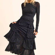 Flocked Polka Dot Mesh Tiered Ruffle Cascade Maxi Skirt
