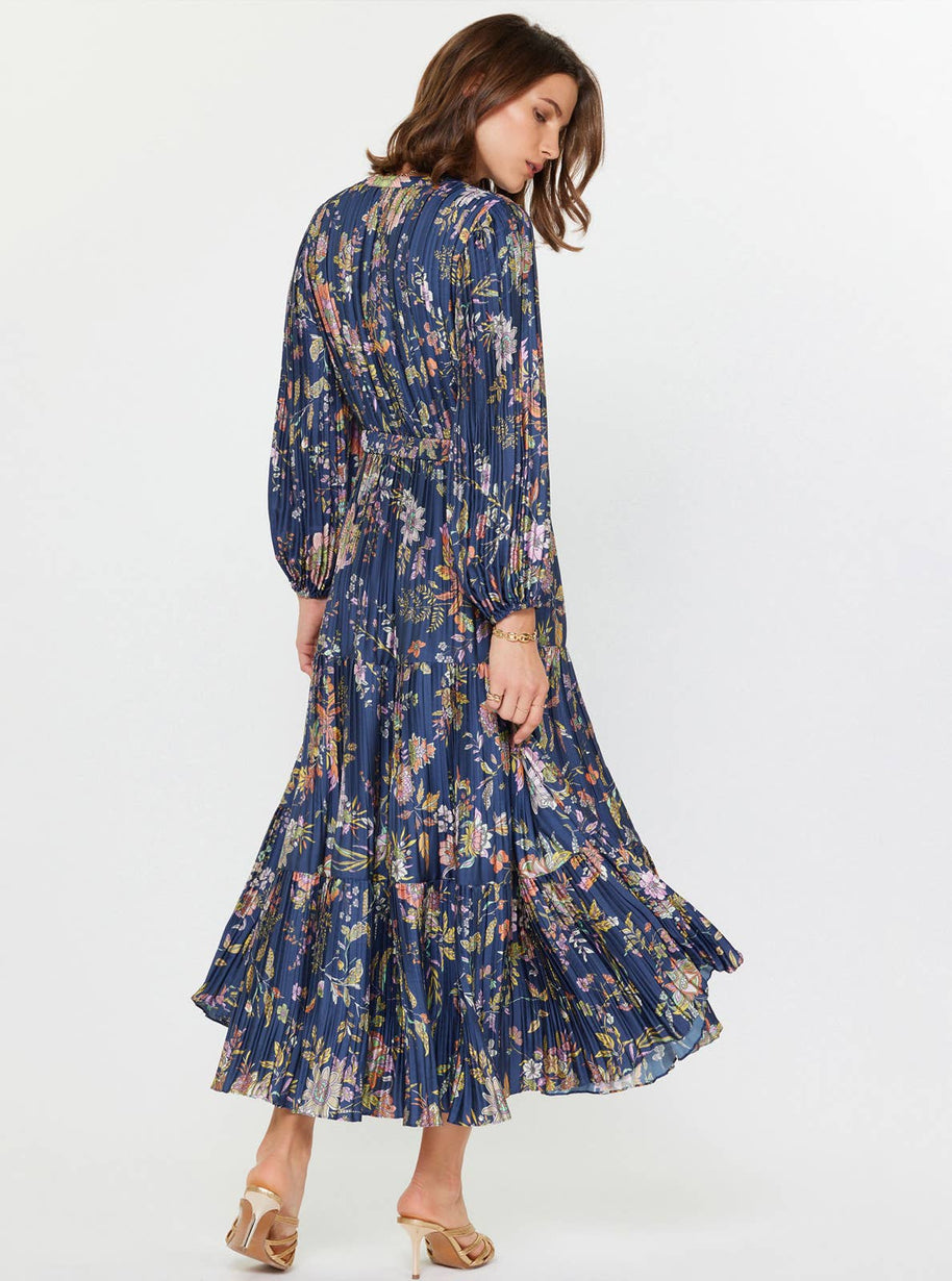 Floral Printed Pleated Long Dress M Navy Mlt