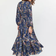 Floral Printed Pleated Long Dress M Navy Mlt