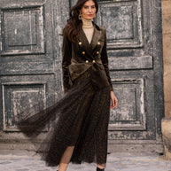 Double-breasted velvet blazer with gold buttons