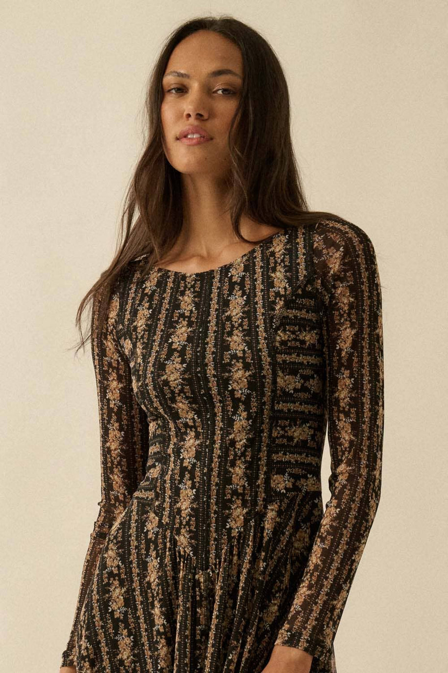Floral Mesh Drop-Waist Midi Dress