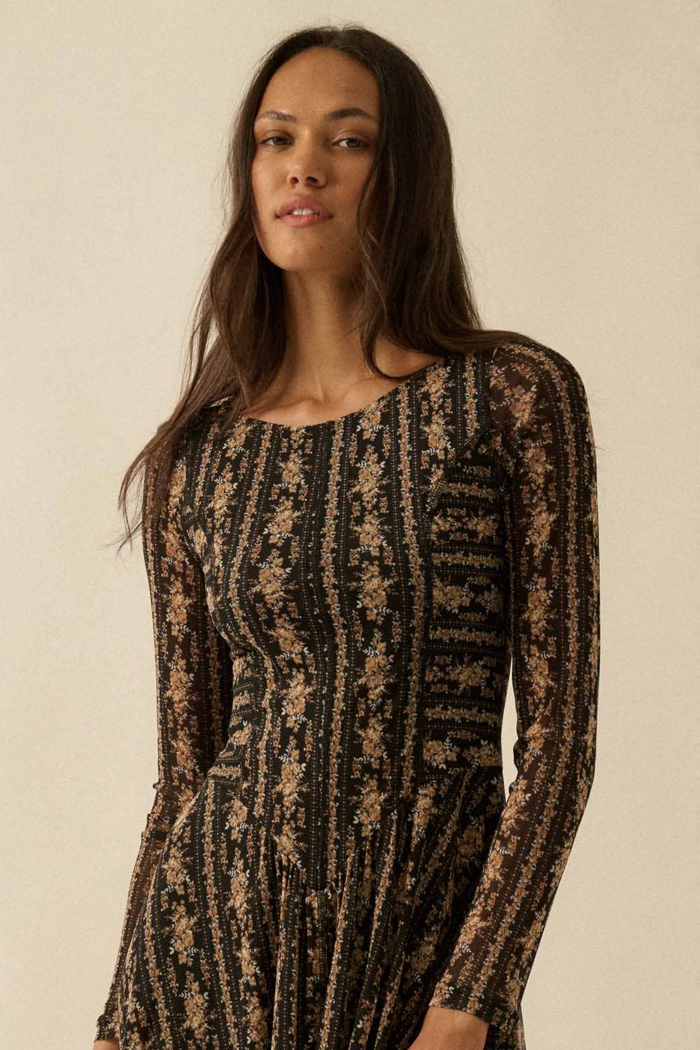 Floral Mesh Drop-Waist Midi Dress