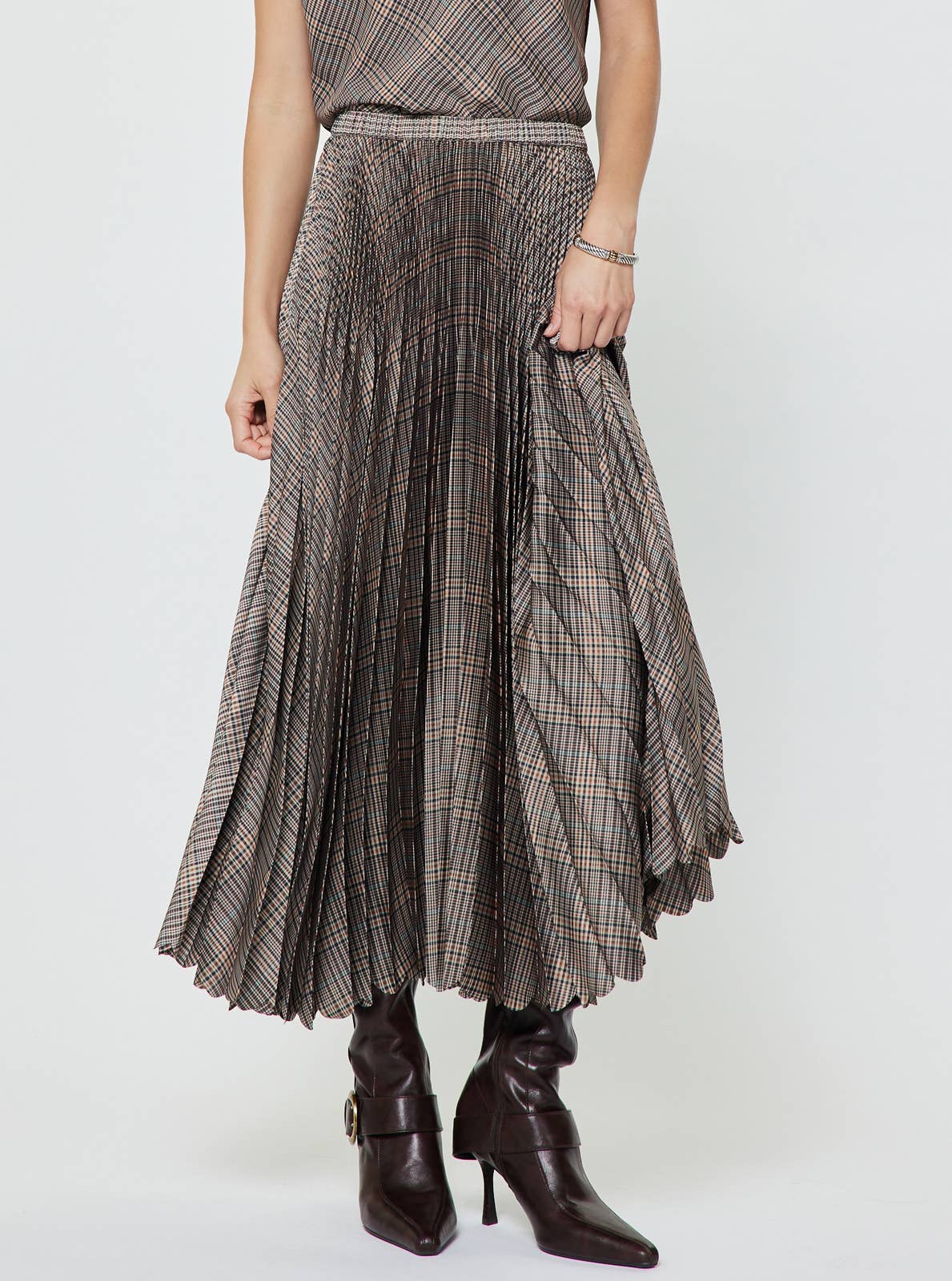 Plaid Pleated Midi Skirt XS Multi