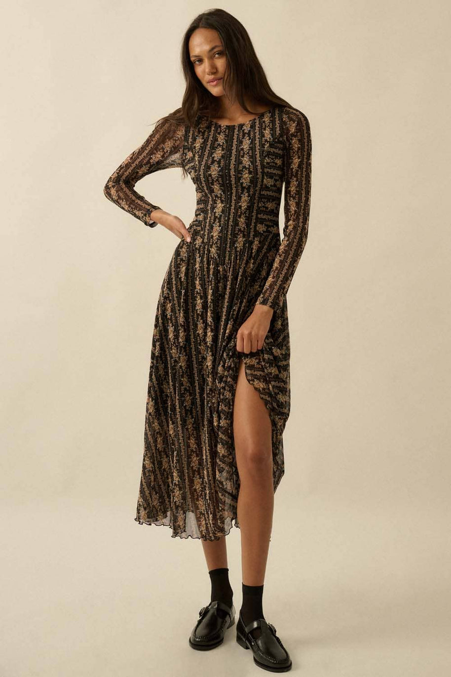 Floral Mesh Drop-Waist Midi Dress