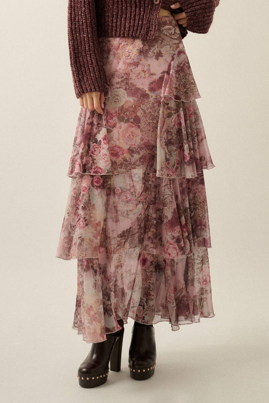 Floral-Print Mesh High-Waist Tiered Side-Ruffle Maxi Skirt