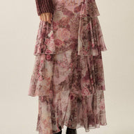 Floral-Print Mesh High-Waist Tiered Side-Ruffle Maxi Skirt