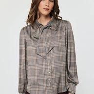 Plaid Button Down Blouse W/ Tie Multi XS