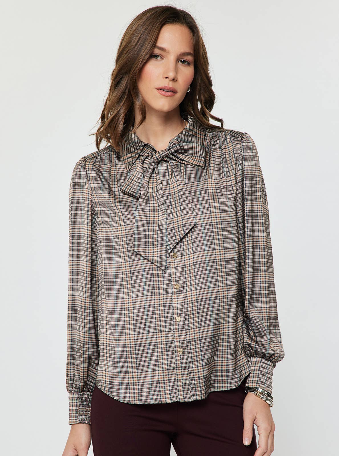 Plaid Button Down Blouse W/ Tie Multi XS