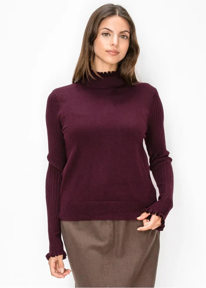 Burgundy ruffle mock neck