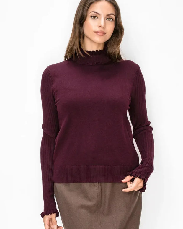 Burgundy ruffle mock neck
