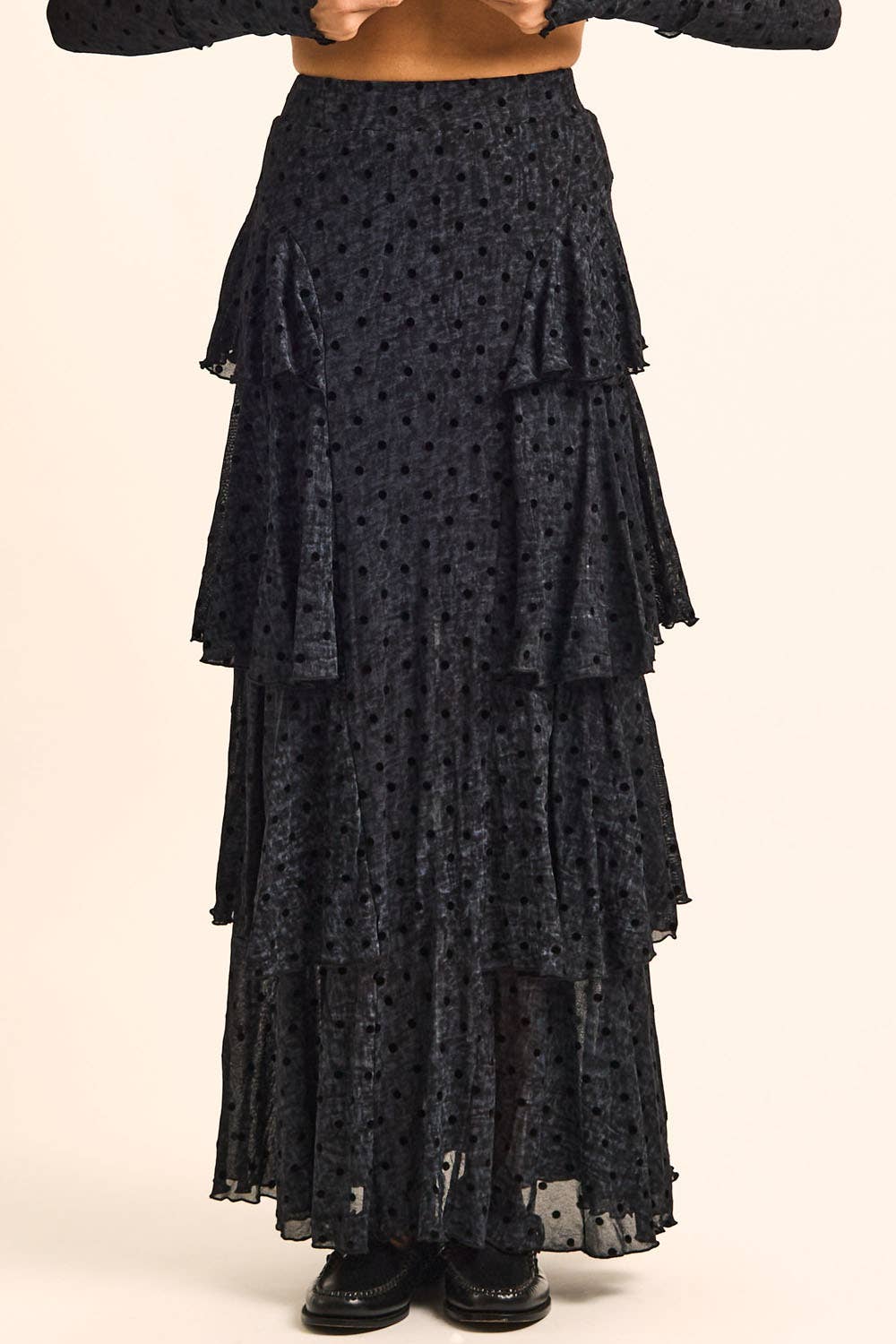 Flocked Polka Dot Mesh Tiered Ruffle Cascade Maxi Skirt