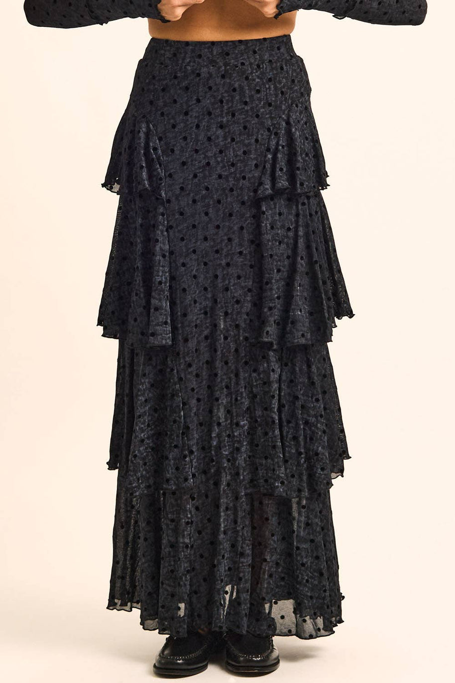 Flocked Polka Dot Mesh Tiered Ruffle Cascade Maxi Skirt