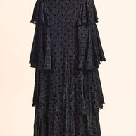 Flocked Polka Dot Mesh Tiered Ruffle Cascade Maxi Skirt